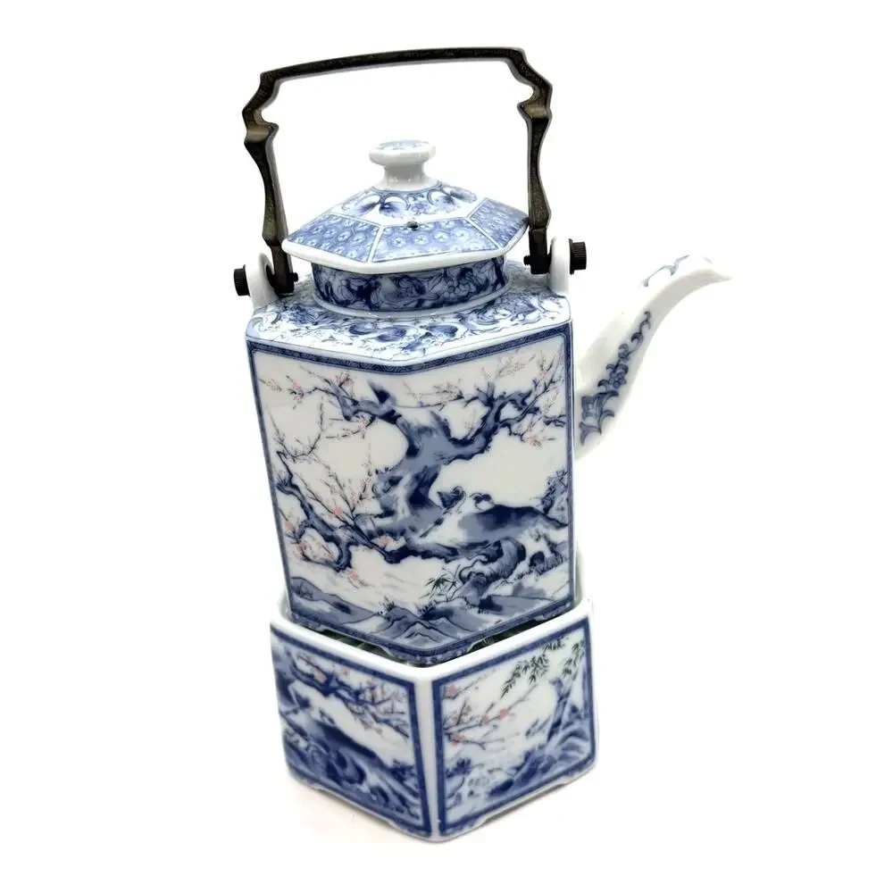 Vintage Dolphin Dynasty Blue Porcelain Hexagonal Teapot Warmer & Brass Handle